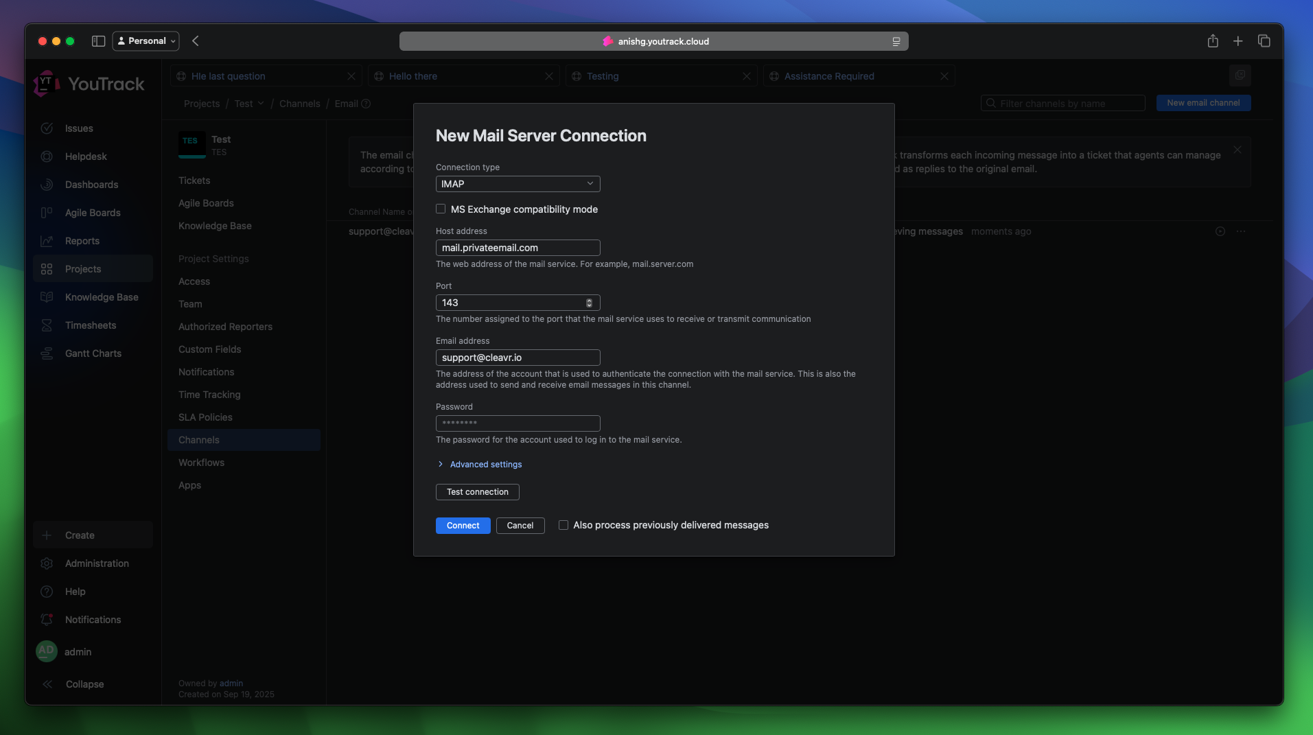 Cleavr YouTrack Helpdesk Email Channel Config