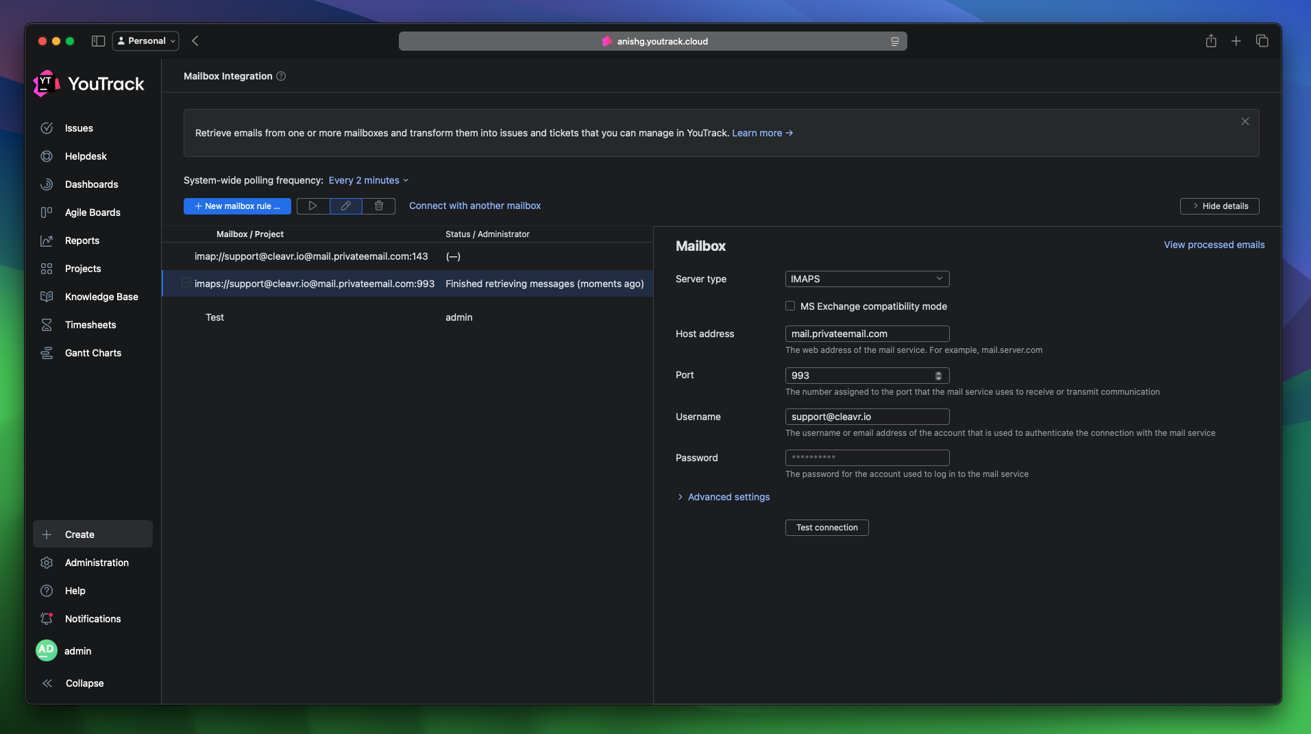 Cleavr Youtrack Mailbox Integration Configuration