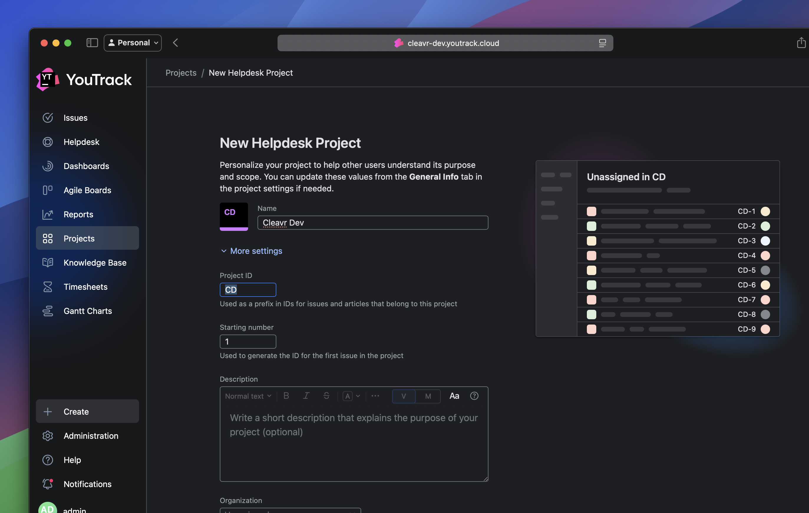 Create New YouTrack Helpdesk Project