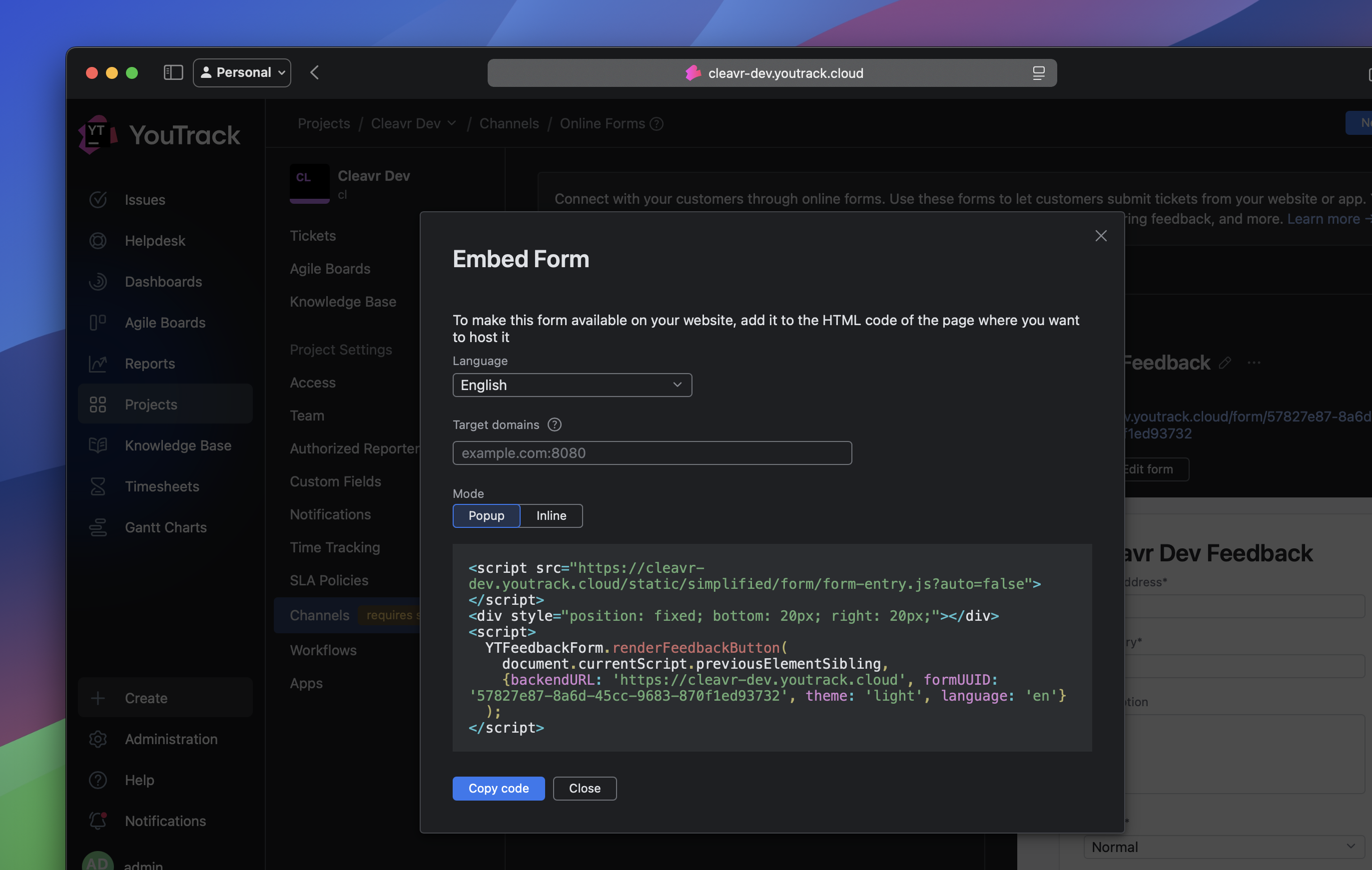 YouTrack Helpdesk Embed Script